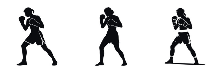 Obraz premium Silhouette of Female Boxer in Fighting Stance – Woman Athlete Wearing Gloves, Practicing Boxing, Strength, Confidence, Fitness, and Power Sports Illustration Isolated on White Background