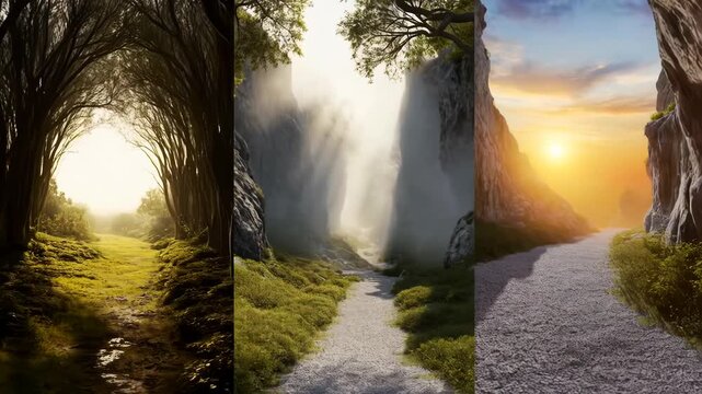 A triptych depicting three different path scenes. A forest tunnel, a misty mountain pass, and a sunlit cave entrance