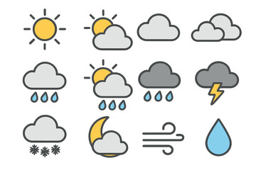 Set of 12 Weather Forecast Icons, Vector Illustration, Transparent Background, Sun, Clouds, Rain, Lightning, Snow, Moon, Wind, Water Drop, Flat Design, Meteorology