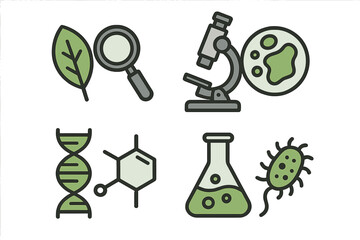 Biology and chemistry science icon set. Vector collection of lab research symbols. Microscope, DNA, molecule, bacteria, petri dish, flask icons for biotechnology design.