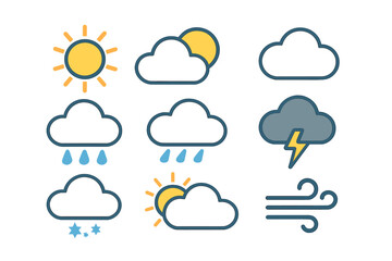 Weather vector icons set. Meteorology and climate forecast symbols. Collection of simple flat illustrations for web and mobile apps. Sun, cloud, rain, storm, wind, snow, thunder.