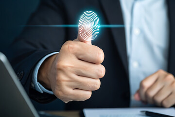 Businessman showing digital fingerprint scan on thumb,  security, identity verification, cyber authentication, access control and futuristic technology concept.