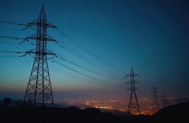 Power pylons stand tall against twilight sky transmitting electricity over illuminated city lights below. High voltage wires crisscross landscape connecting urban areas to distant energy grids.