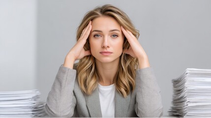Young woman feeling stressed and overwhelmed while sitting at a desk with stacks of documents and papers in a bright office environment