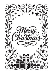 Elegant vector Christmas card with a black silhouette, floral frame, stars, gift boxes. Flat design with the beautiful text Merry Christmas is perfect for holiday greetings, design, holiday stationery