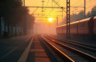 Fototapeta premium Golden morning light illuminates railway station platform. Red train arrives through mist at dawn. Early commuters wait for train journey at city station.
