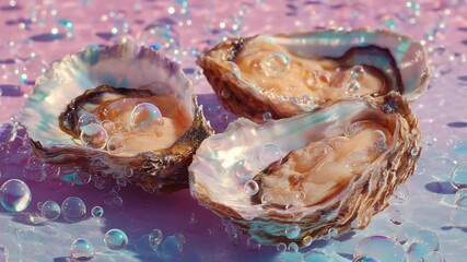 Fresh oysters displayed on a colorful surface with bubbles and natural light during a sunny day at a seafood market