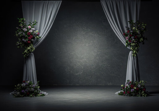 Elegant studio backdrop dramatic drapes and floral embellishments for photography