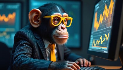 Monkey in business suit analyzes stock charts on computer screen. The primate appears focused reviewing financial data. Humorous scene depicting investment and market trends.