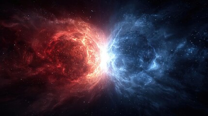 Fototapeta premium Red vs blue energy waves colliding in a celestial arena, embodying cosmic sports tension