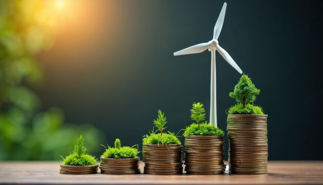 Wind turbine and stacked coins with tiny trees symbolize sustainable investment and eco growth. Plants highlights environmental responsibility and future financial planning.
