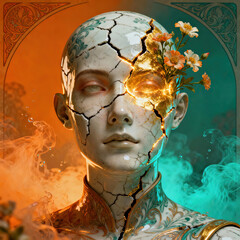 A cracked porcelain mask mended with golden light, delicate flowers blooming from the cracks, symbolizing resilience, mental health, and recovery