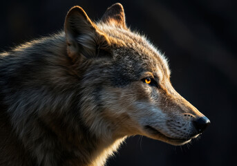 Obraz premium Majestic wolf profile illuminated by golden sunlight in dark forest