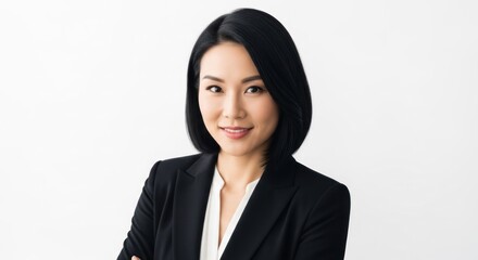 A professional businesswoman in a black suit against a white background.