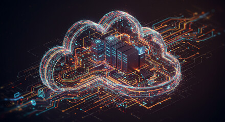 Modern cloud computing concept with glowing server racks and intricate circuit board design, offering secure data storage and powerful networking solutions