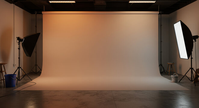 Empty photo studio setup with professional lighting and seamless backdrop for photography