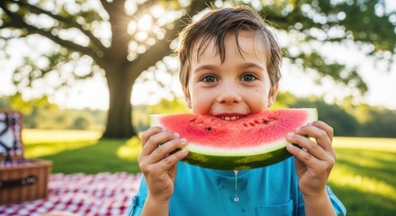 A young boy eating a slice of watermelon in a park.