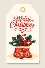 Vector Christmas gift tag or price tag featuring Christmas stockings with fir branches, gingerbread cookies, and a candy cane. A festive label for winter gift wrapping, cards, merchandise, souvenirs