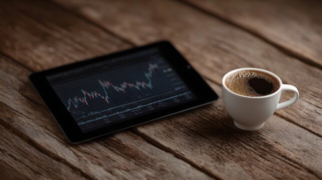 A tablet displaying financial charts sits next to a cup of coffee on a rustic wooden table suggesting a business or investment context