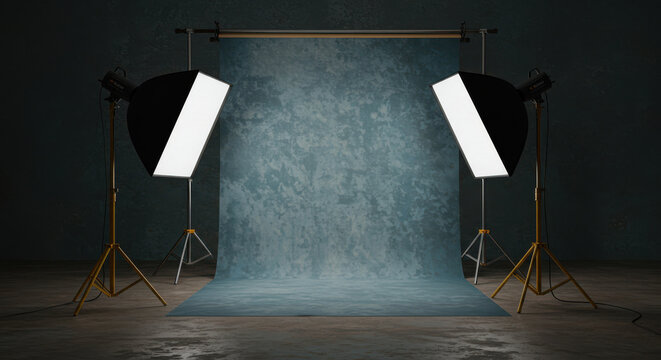 Professional photography studio setup with softbox lights and textured backdrop