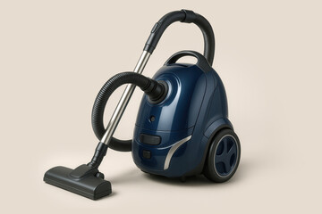 Dunkelblauer Staubsauger vor beigen Hintergrund