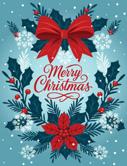 Vector Christmas illustration with a festive bow, berries, pine branches, snowflakes surrounding the stylish Merry Christmas text. Perfect for holiday cards, winter backgrounds, and New Year's design