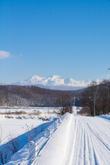 晴れた日の雪道と山頂　
