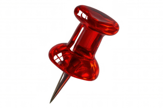 Red plastic pushpin featuring a shiny metallic tack, providing school and office solutions, isolated