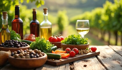 Rustic wooden table serves delicious meal. Fresh vegetables, tomatoes olives with olive oil bottles. Glass of wine stands with blurry vineyard background. Healthy eating concept. Italian food.