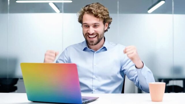 Excited businessman celebrating achievement with raised fists at colorful laptop in bright office, success concept, celebrating victory, winning at work