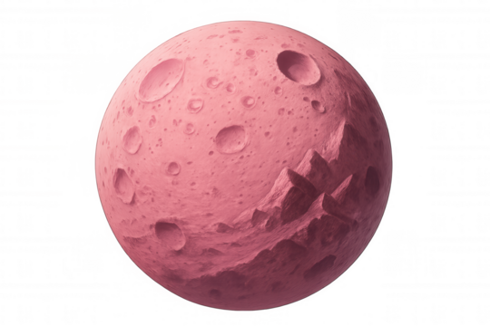 Pink planet or exoplanet featuring craters and mountains, a cosmic celestial body with transparent background