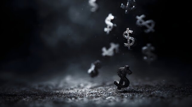 Falling dollar signs in a dark smoky atmosphere symbolize financial crisis and economic downturn
