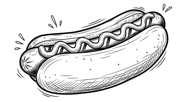 Black and White Illustration of Hot Dog with Mustard in Sketch Style