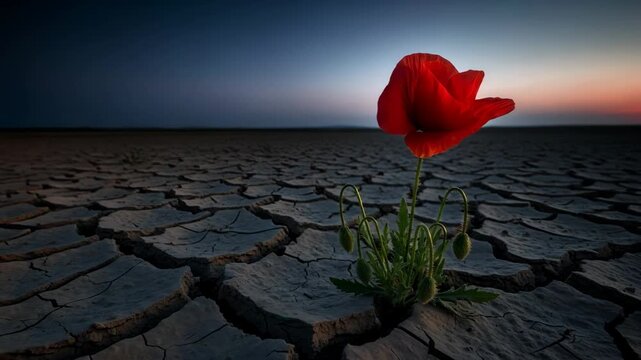  striking red poppy emerges from dry, cracked soil, representing resilience and remembrance, capturing the essence of hope and tribute in challenging environments