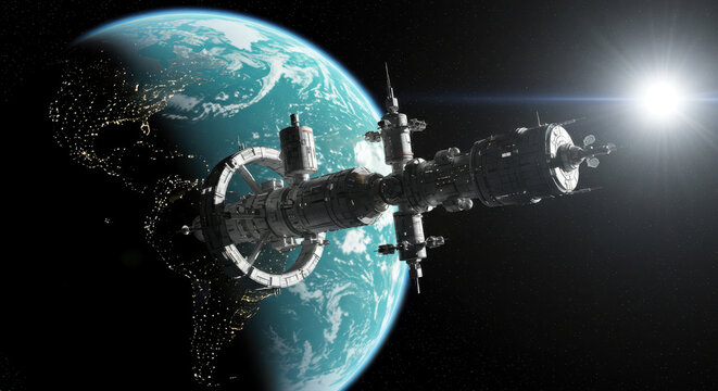 Futuristic space station orbits lush planet with bright sun shining - Powered by Adobe