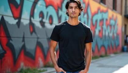 Handsome young man stands against colorful urban mural. Male model in black t shirt poses on city street. Stylish portrait with creative graffiti background.