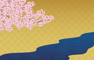 日本画風の背景。満開の桜と小川のイラスト。