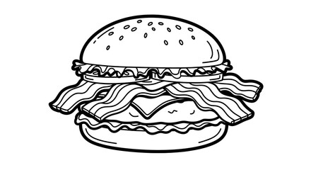 Fototapeta premium Black and White Line Drawing of Bacon Lettuce Tomato Sandwich on Bun