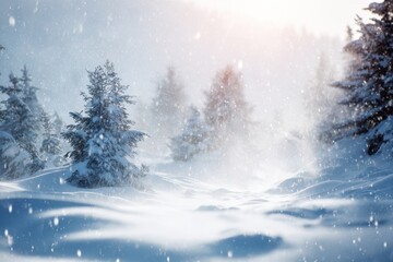 Blurred winter forest with falling snow. Snowfall many dust freeze granules. Blur bokeh snowy backdrop with pine trees. Christmas poster, banner. Dreamy, foggy blue purple sky, orange sun rays light