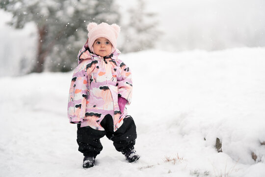 Toddler girl between one and two years old exploring fresh snow outdoors, warm snowsuit and winter hat.