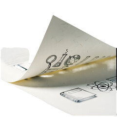 Scientific illustration page turning with transparent background and sketch elements