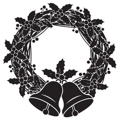Christmas Wreath Silhouette with Holly Leaves, Berries, and Bells