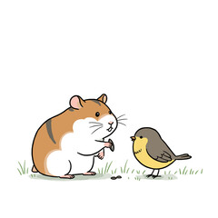 Fototapeta premium Hamster sharing seeds with a chick illustration for children's books and friendship-themed content