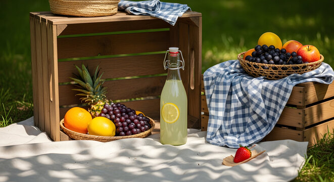 Outdoor picnic setup with fruit, lemonade, wooden crates, and a checkered cloth blanket - Powered by Adobe