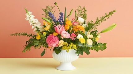 Elegant floral arrangement in white vase with pink and yellow hues