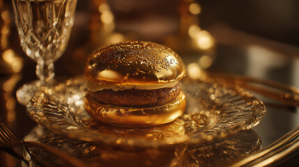 Luxury gold-plated burger, glossy gold finish and gourmet meat layers, luxury theme