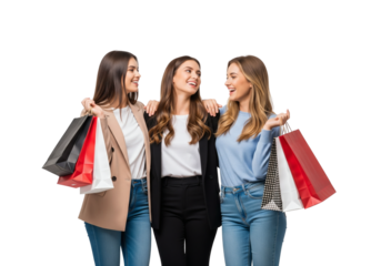 Three Happy Friends Enjoying Shopping Together Holding Bags Isolated on Transparent Background