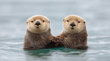 Two Playful Otters Floating Together in Calm Waters, Holding Hands with Cute Expressions, Captivating Marine Wildlife Moments