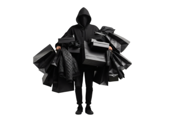 Dark Hooded Figure Carrying Numerous Shopping Bags Full of Purchases Isolated on Transparent Background