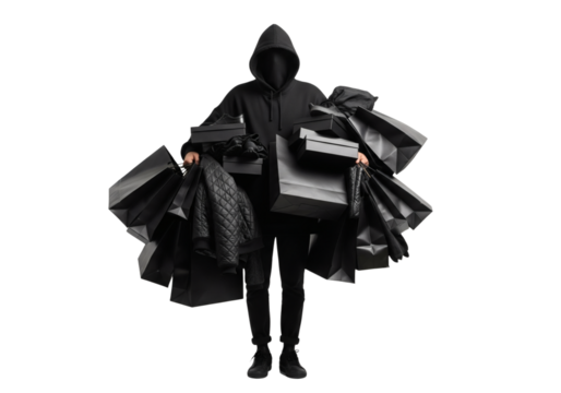 Dark Hooded Figure Carrying Numerous Shopping Bags Full of Purchases Isolated on Transparent Background